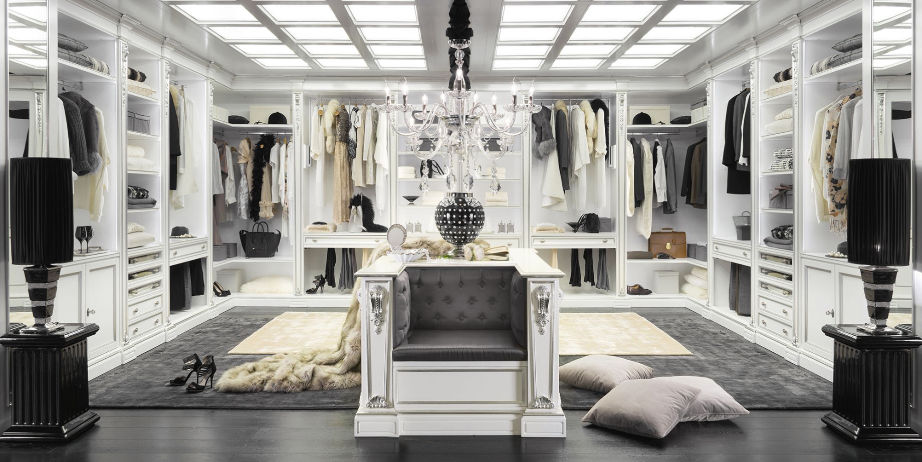 Classic modern walk-in closets enriched by silver finishes