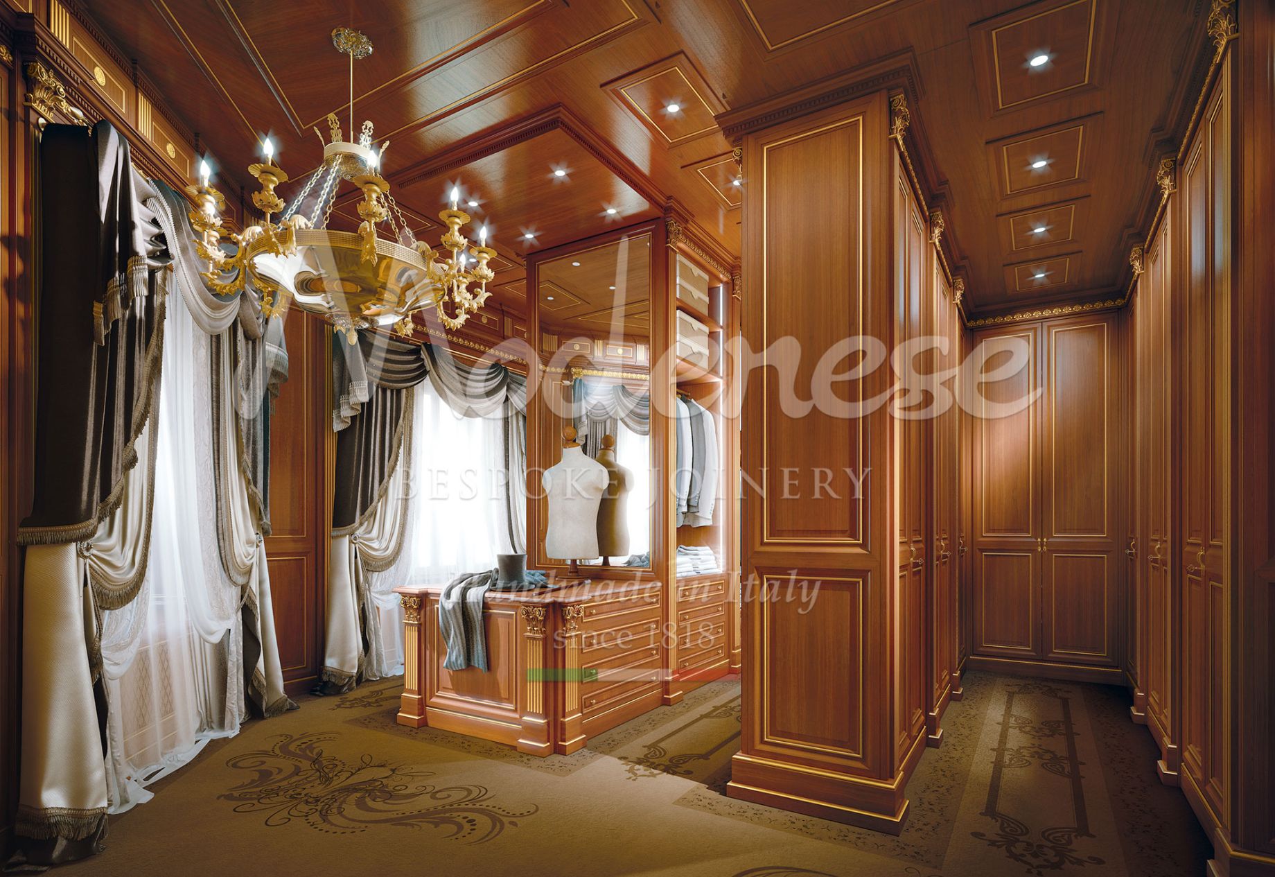 luxury-walk-in closet-with-solid-wood-and-rich-gold-finishes