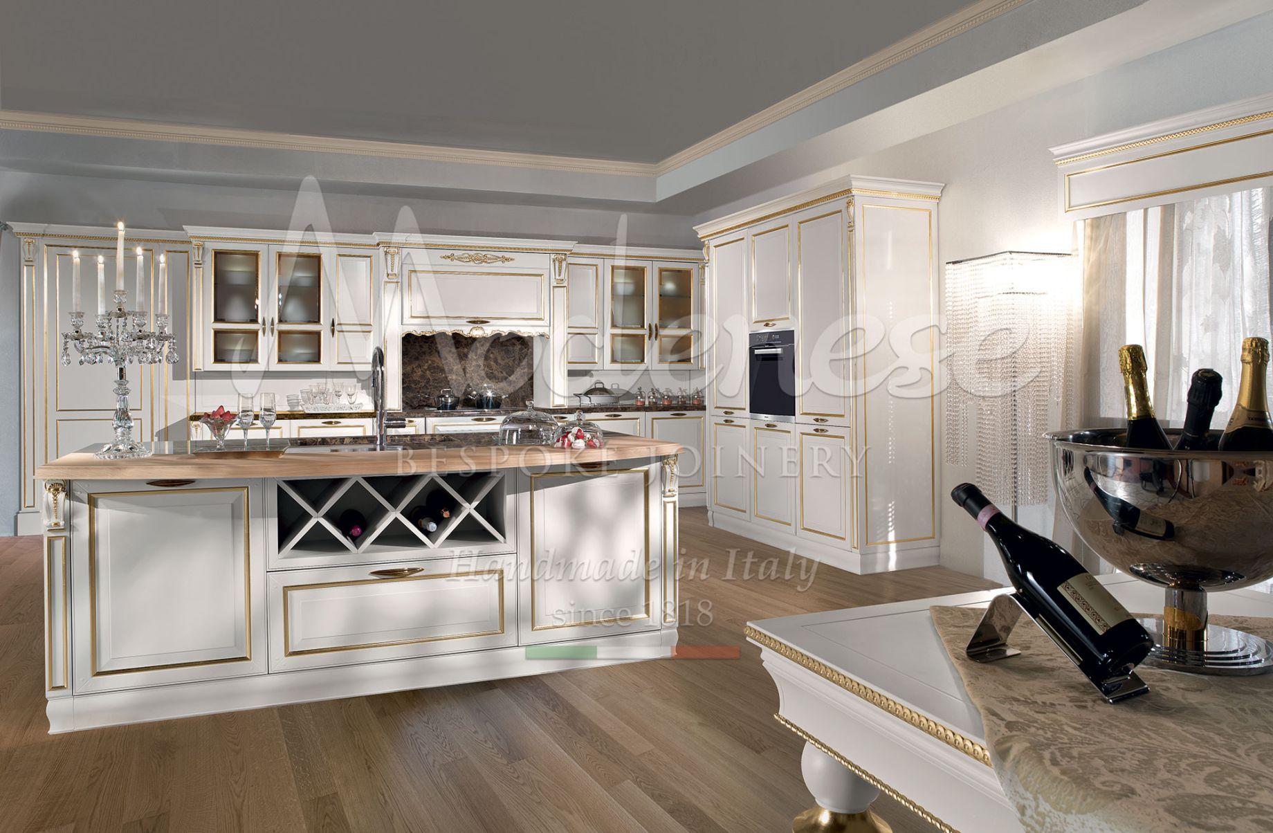 high-end lacquered and gilded kitchen made to measure for luxury villas