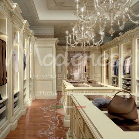 Italian luxury walk-in closets with refined, finely crafted wooden flooring