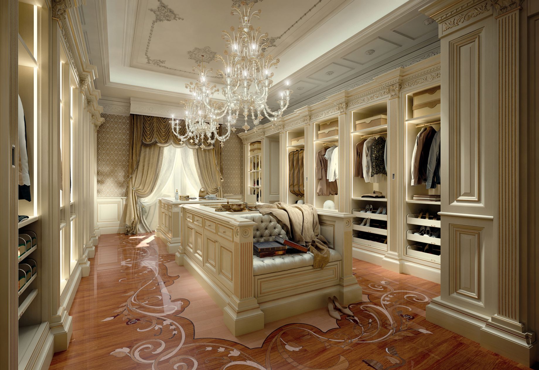 Neoclassical Italian wardrobe with a central sofa and gold lacquered finishes